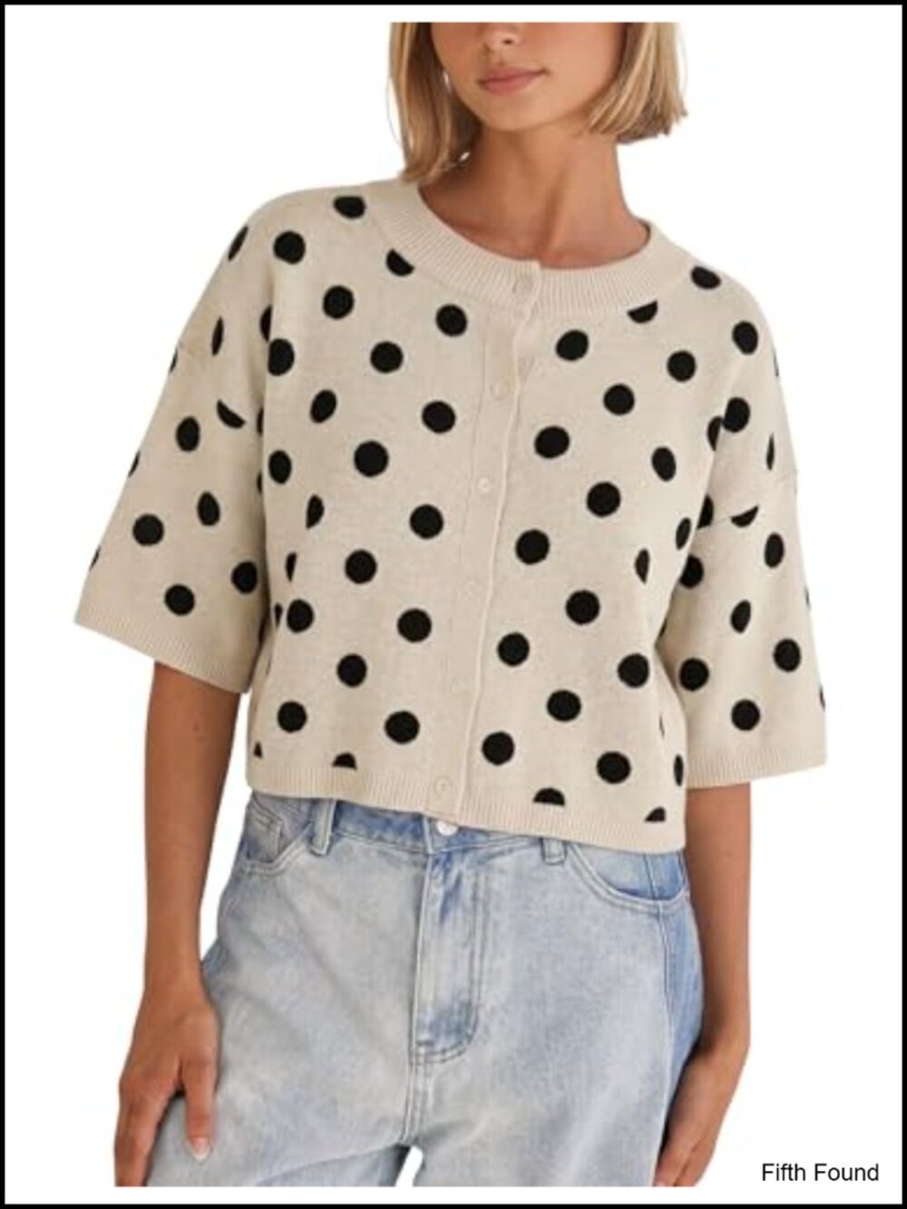 Women's Cropped Polka Dot Cardigan Short Sleeve Knit Sweater Top